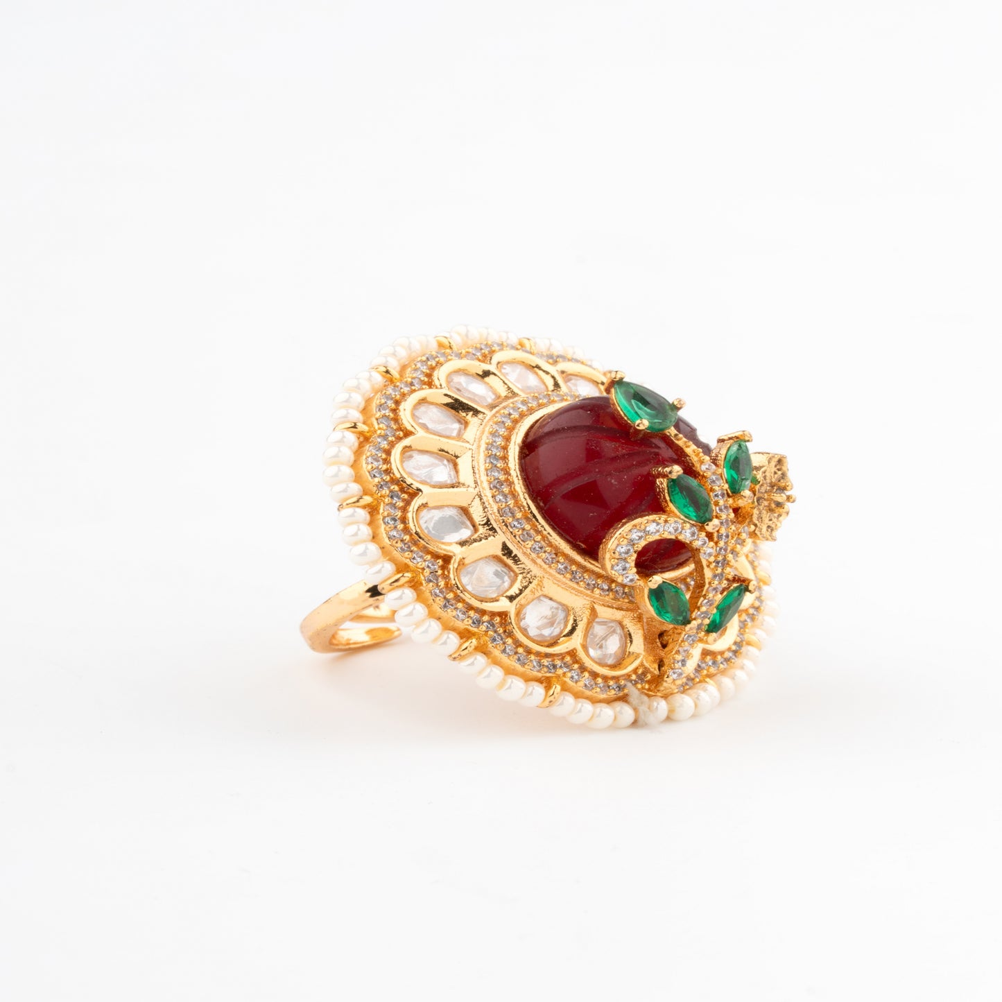 Exquisite Gold-Polished Statement Ring with Ruby Carving and Pearl Accents