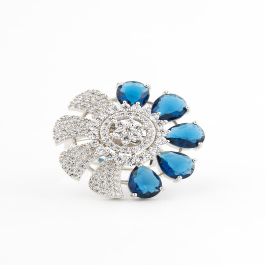 Blue Bloom Cocktail Ring in Rhodium Finish with a floral design