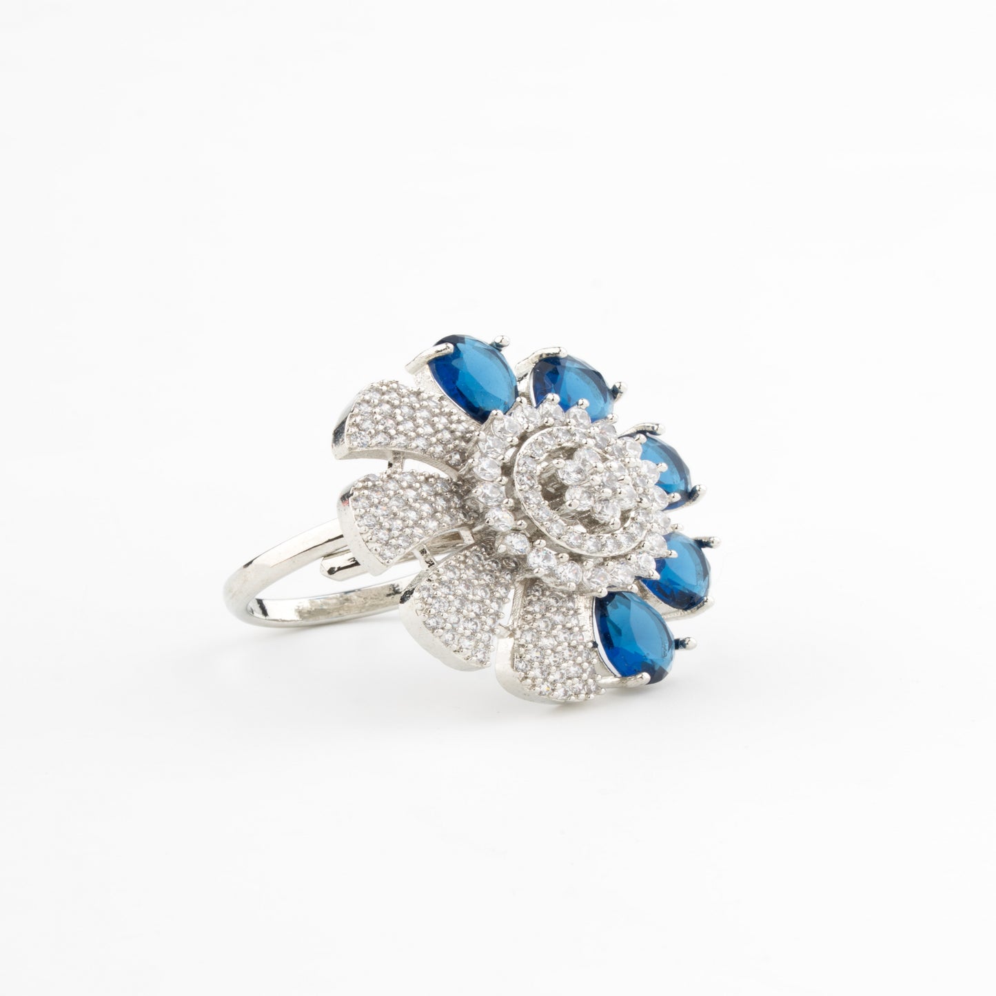Blue Bloom Cocktail Ring in Rhodium Finish with a floral design