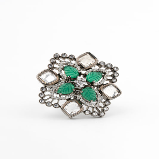 Floral-inspired design with carved green leaf-shaped stones at the center, Kundan, AD