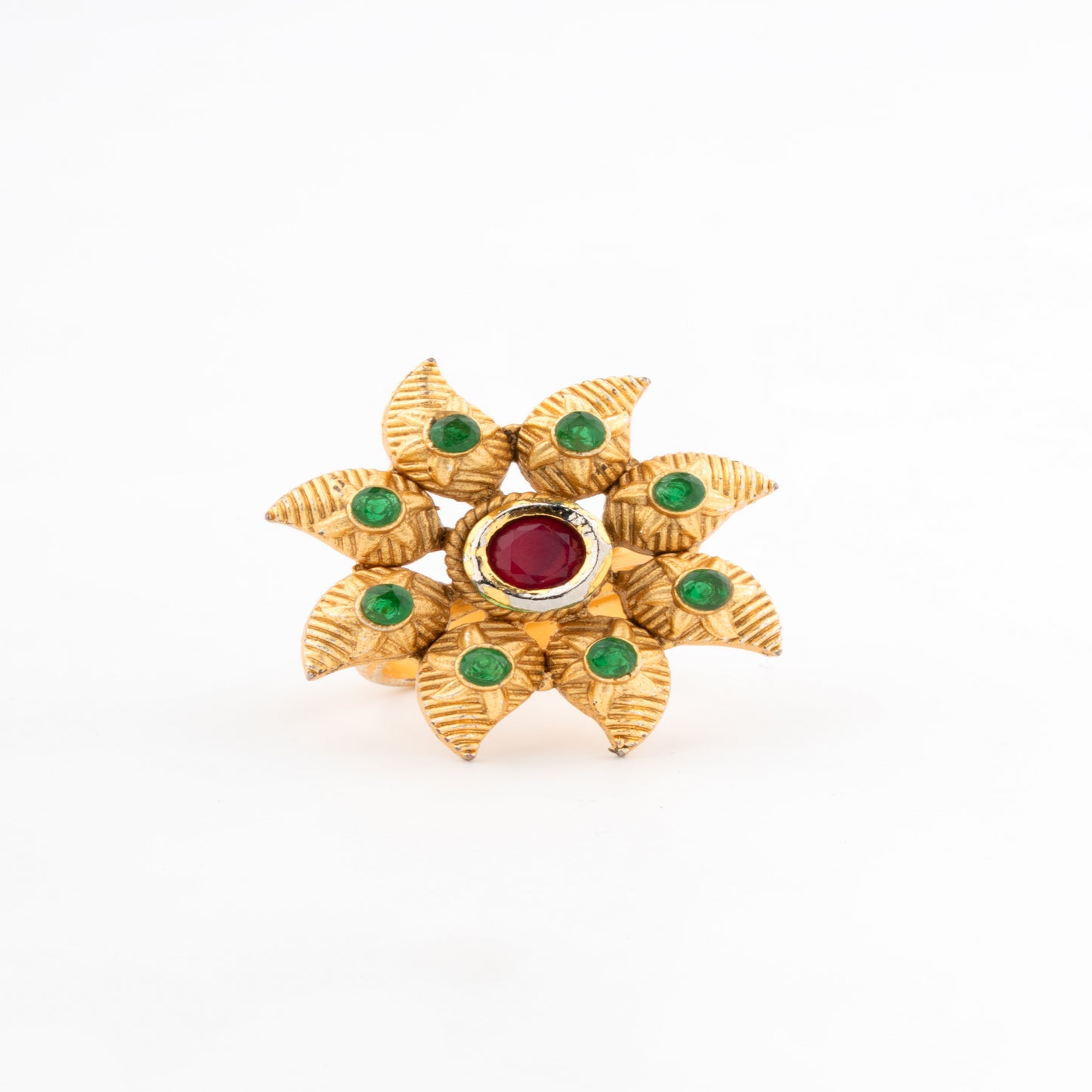 Antique Floral Temple Statement Ring with Ruby and Emerald Accents