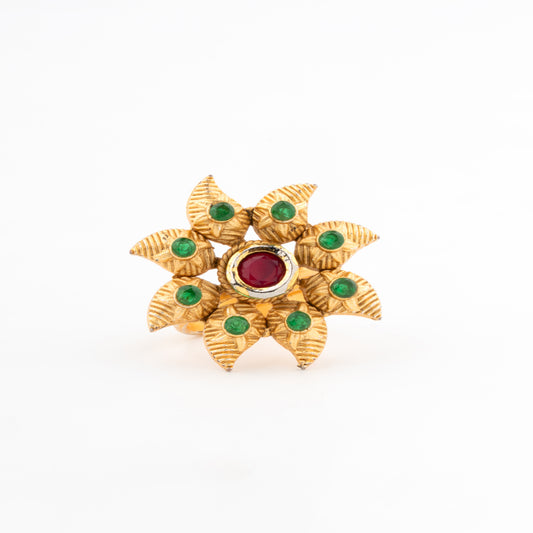 Antique Floral Temple Statement Ring with Ruby and Emerald Accents