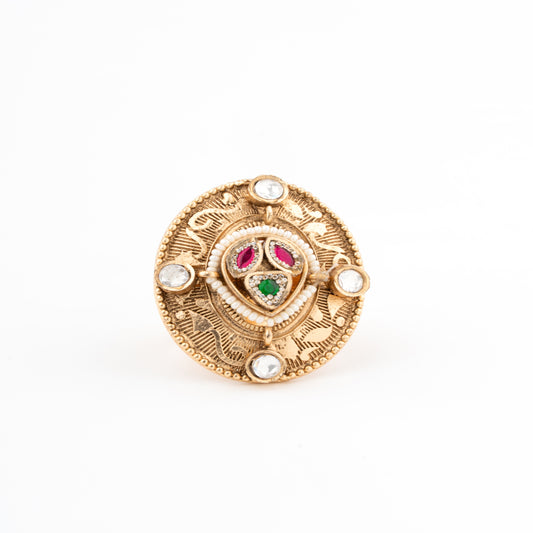 Antique Gold Temple-Inspired Oval Ring with Red & Green Gem Accents