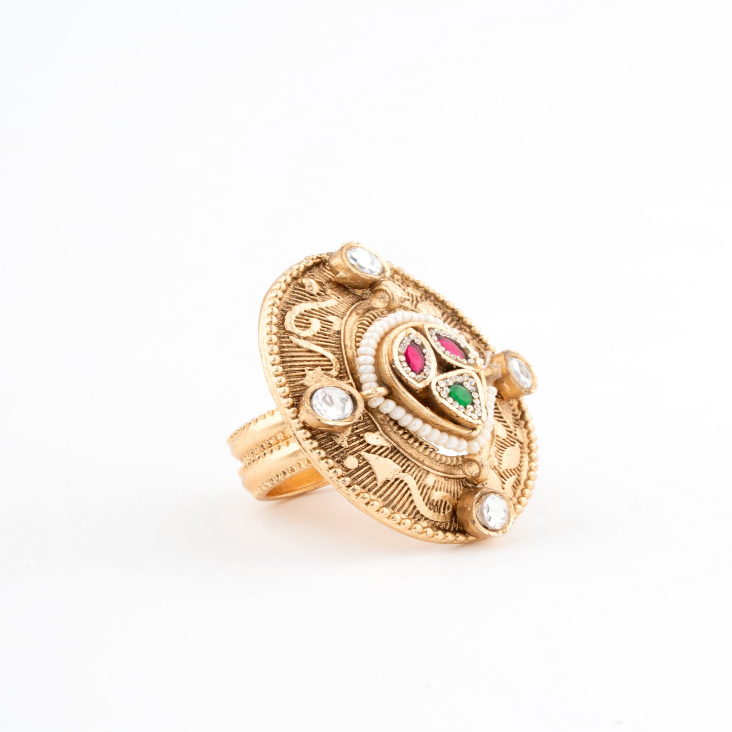Antique Gold Temple-Inspired Oval Ring with Red & Green Gem Accents
