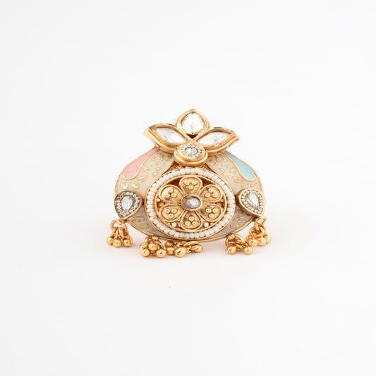 Rajasthani Meenakari Kundan Floral Ring with Pearl & Gungrey Accents