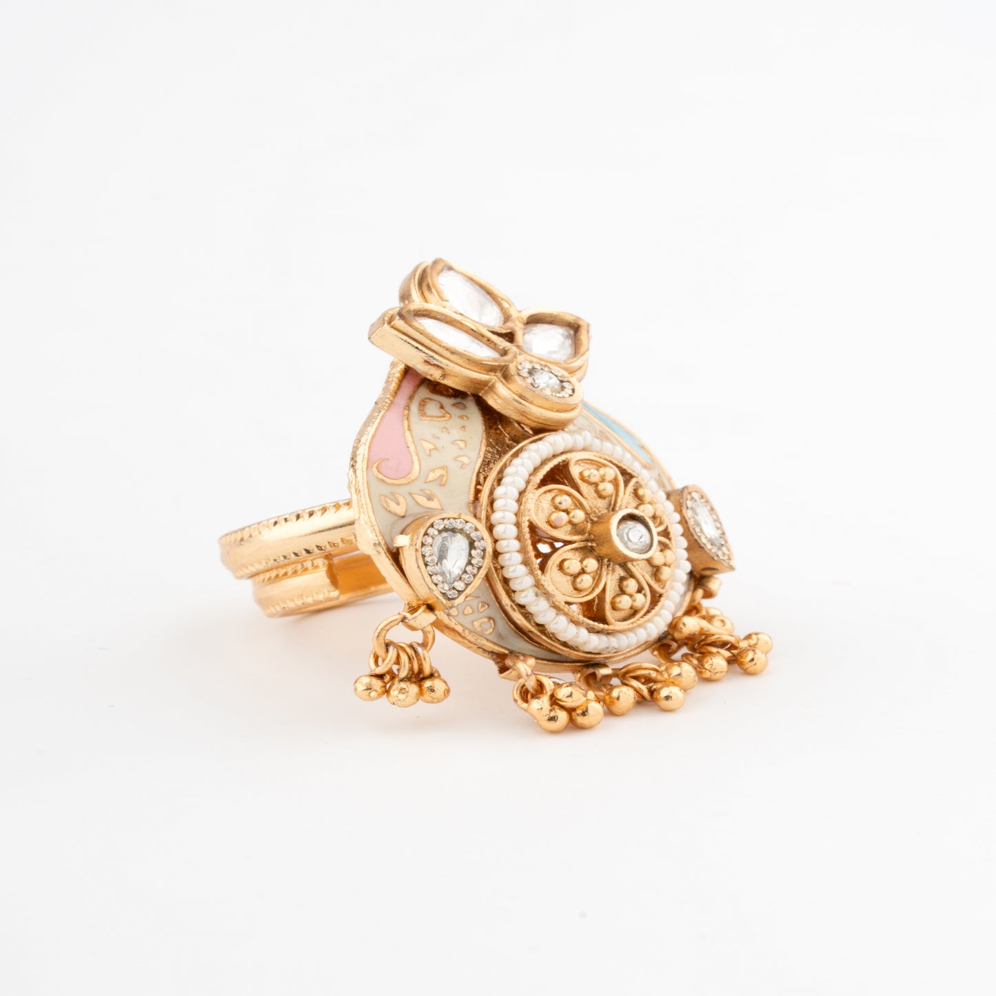 Rajasthani Meenakari Kundan Floral Ring with Pearl & Gungrey Accents