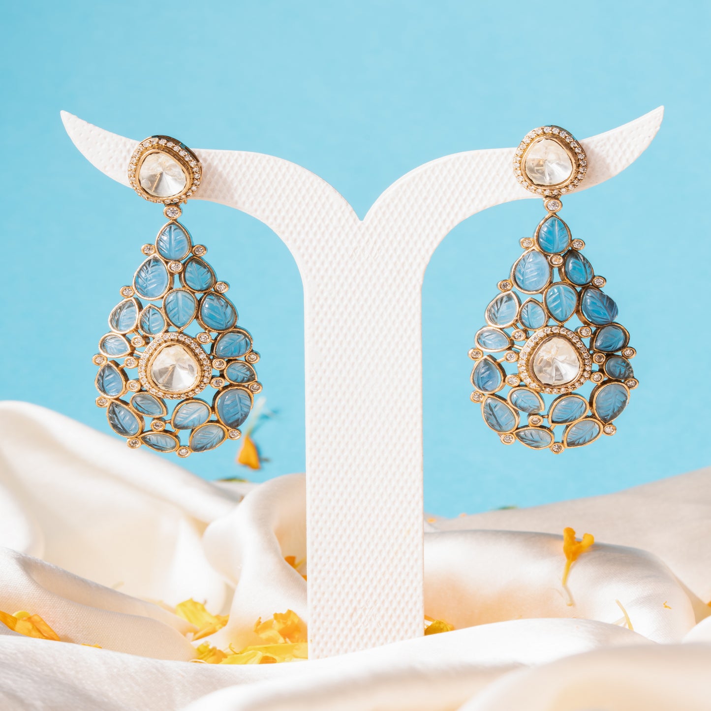 Victorian style Kundan Teardrop Statement Earrings with Blue Carved Stones