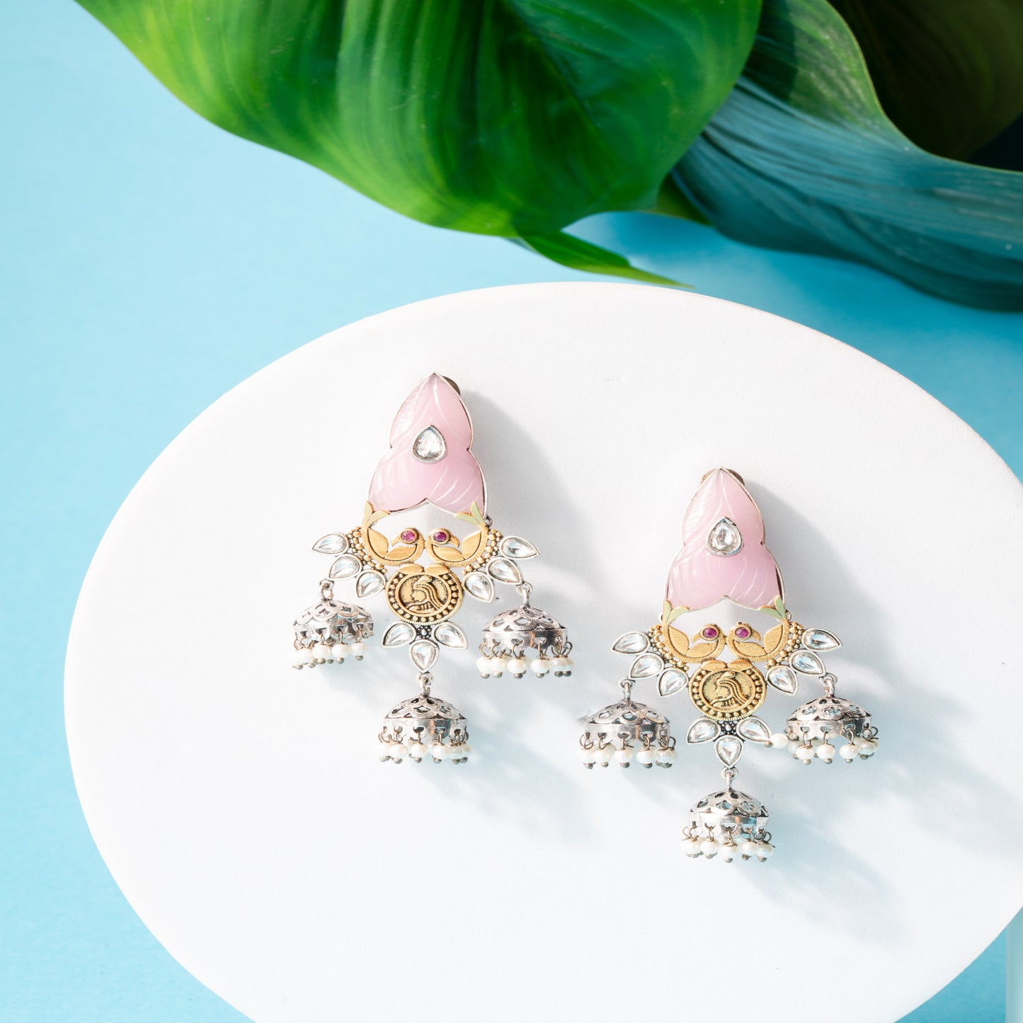 Oxidized Pink Enamel Kundan Earrings with Jhumke