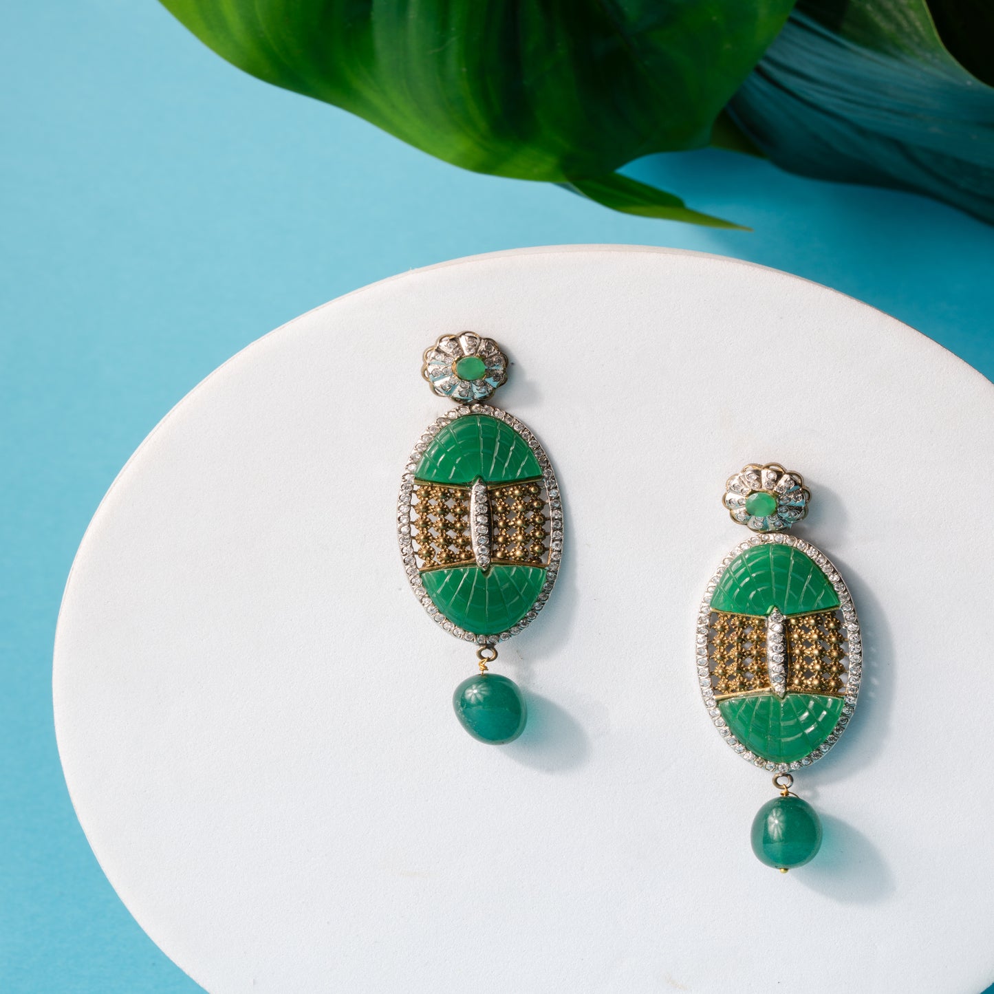 Oval Green carved Stone Earrings with Antique Rhodium and Gold Polish