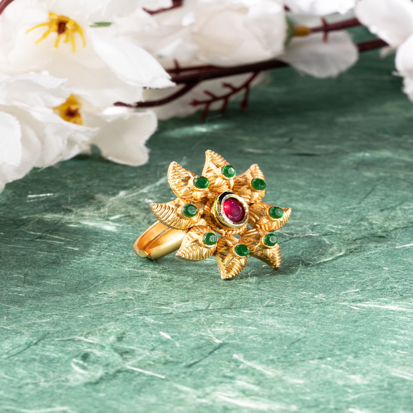Antique Floral Temple Statement Ring with Ruby and Emerald Accents