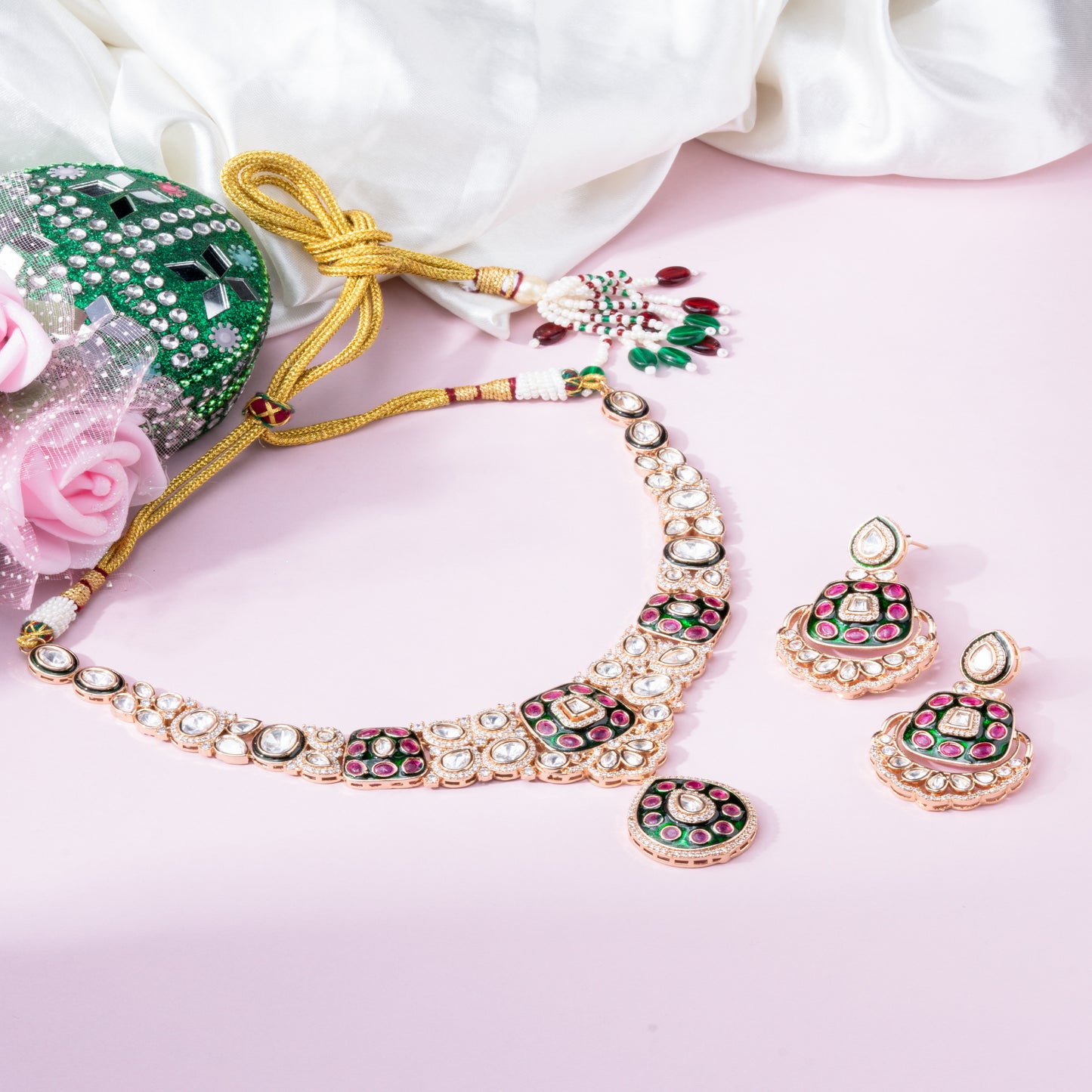 Exquisite Necklace with Front Green Meenakari design, Back Setting Kundan, AD & Ruby stones studded necklace.