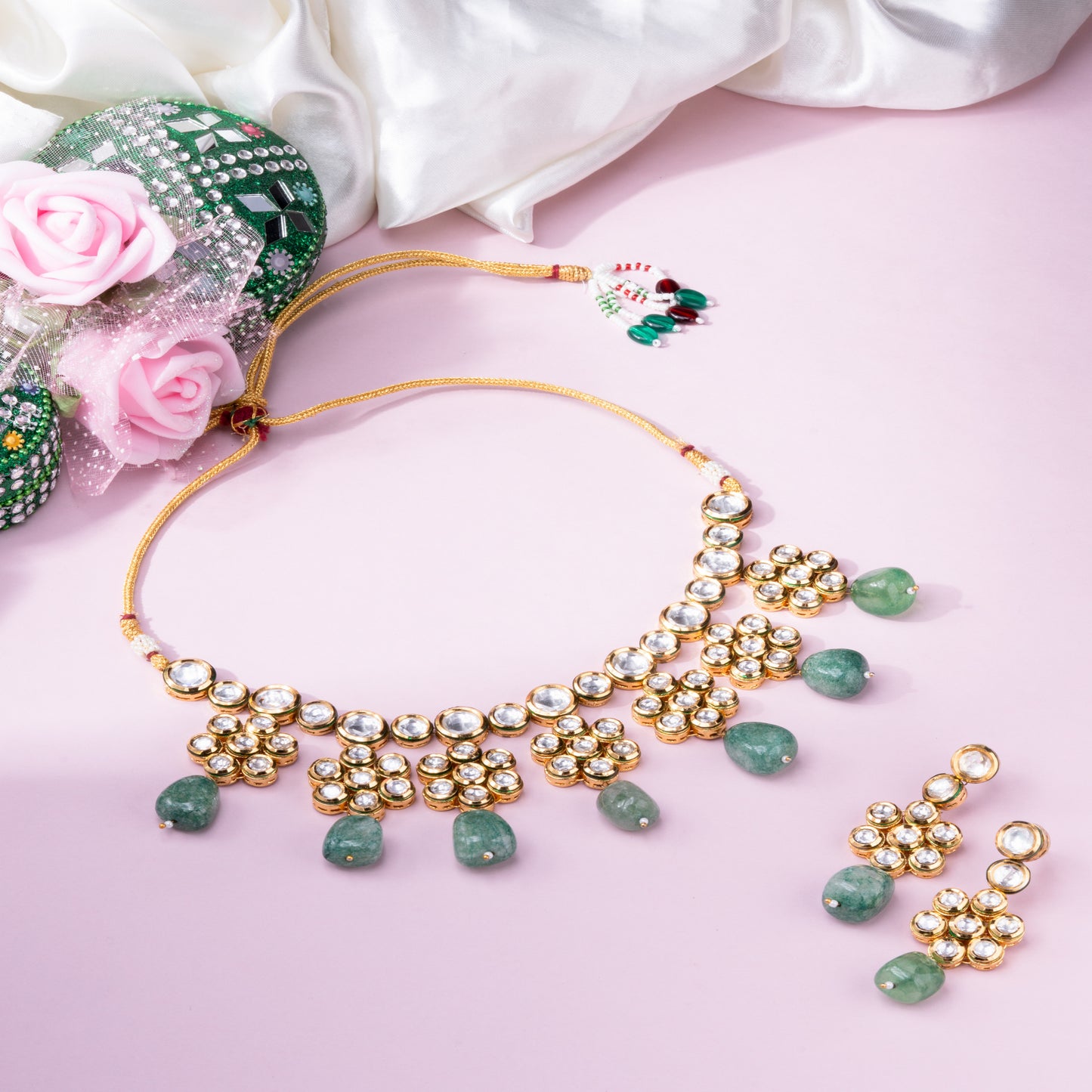 Exquisite Brass Vilandi Kundan Necklace Set with Green Onyx Beads and Meena Work