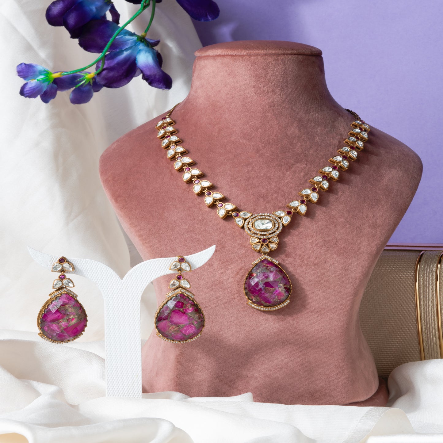 Indo western style Gold-Polished Kundan Pendant Set with Ruby color Marble Stone