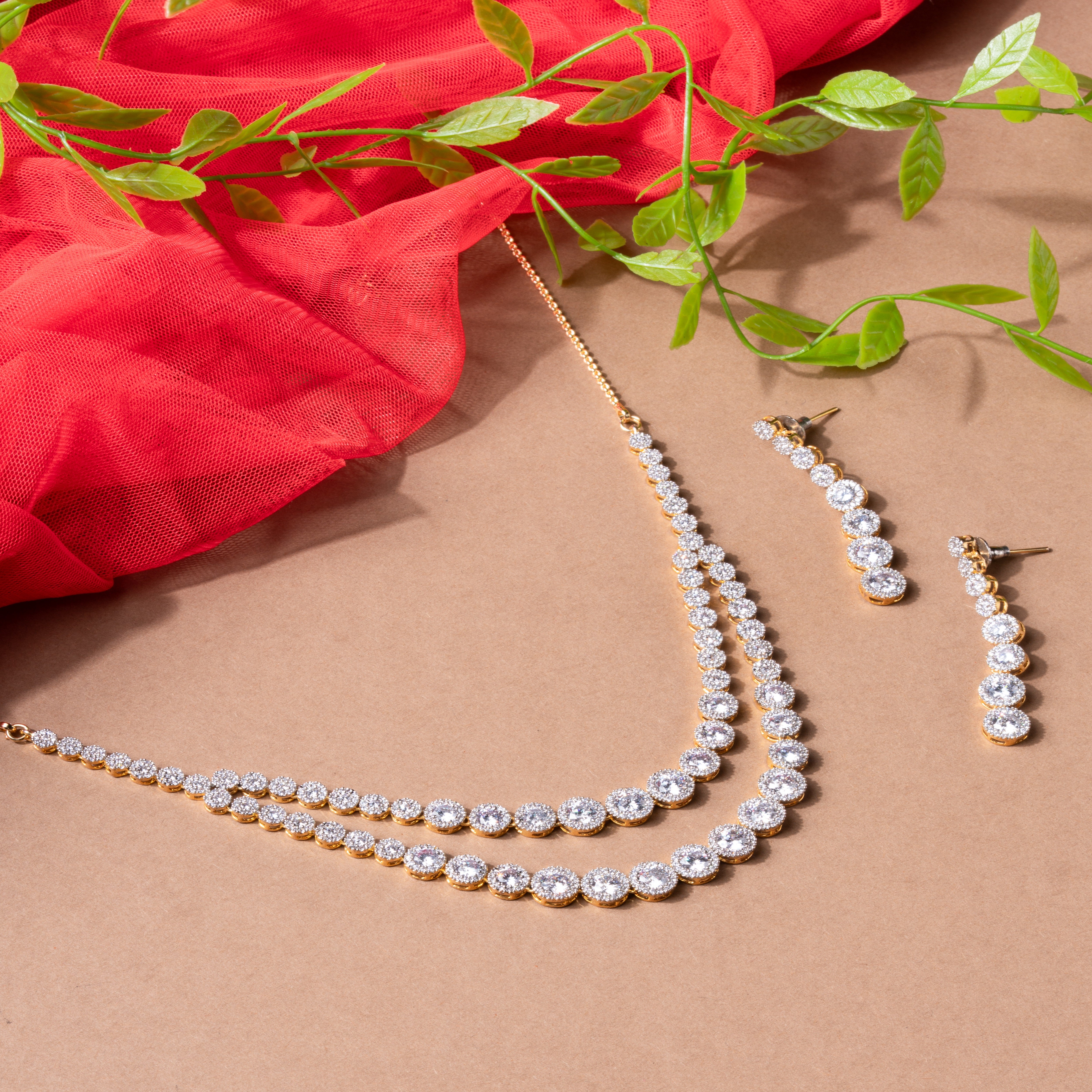 Elegant Two-Layer American Diamond Necklace Set - Main Image