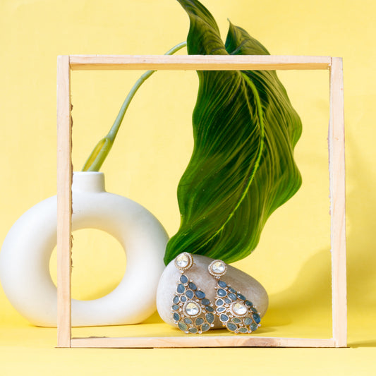 Victorian style Kundan Teardrop Statement Earrings with Blue Carved Stones, AD