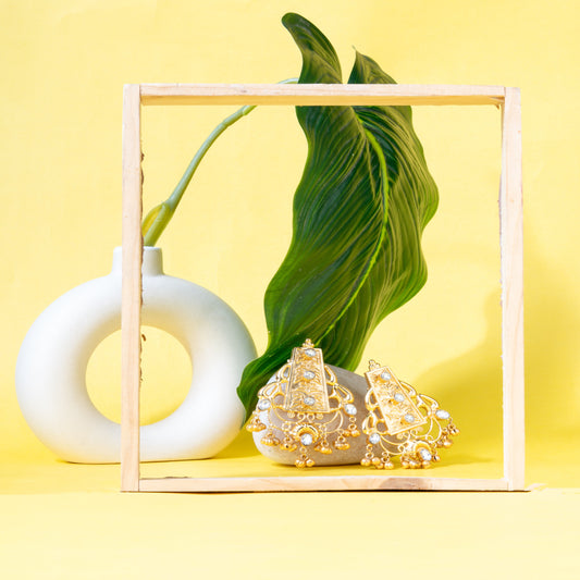 Geometrical pattern inspired temple Earrings with Kundan Accents