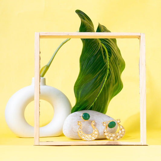 Traditional Gold-Toned Hoop Earrings with Green Carved Stone Studs
