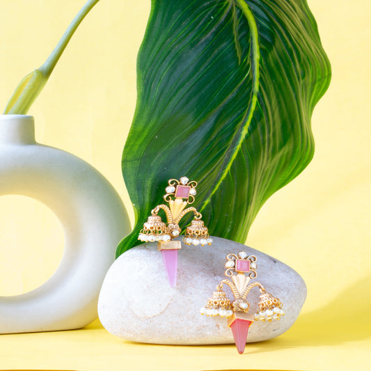 Cone-shaped Elegant Brass Earrings with Monalisa Baby Pink Stone, Kundan & Pearl Accents