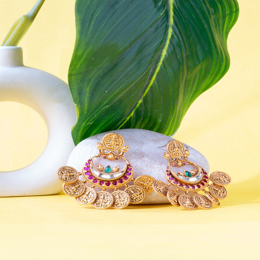 Pachi Kundan studded Royal Lakshmi Coin Temple Earrings