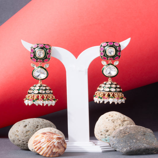 Rajasthani style Kundan Meenakari Jhumka Earrings