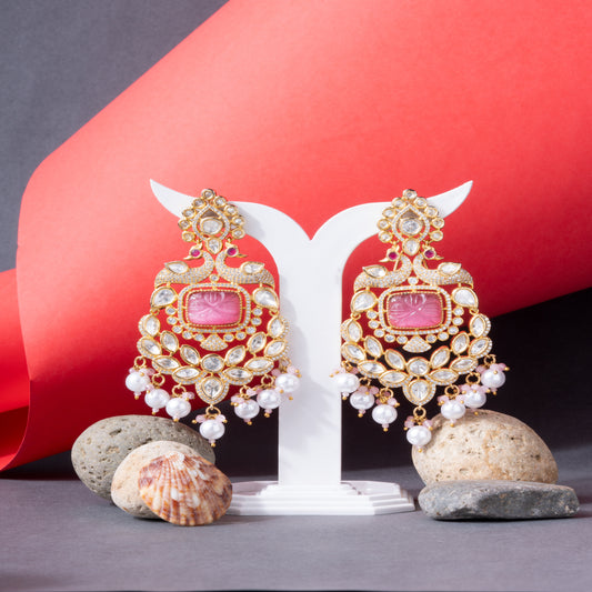 An Absolute Show stopper Brass Kundan, AD Earrings with Baby Pink Carved Stone & Peacock Motif
