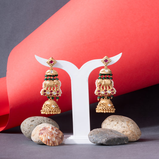 Regal Elephant Motif Temple Jhumka Earrings adorned with Kundan, Ruby stone