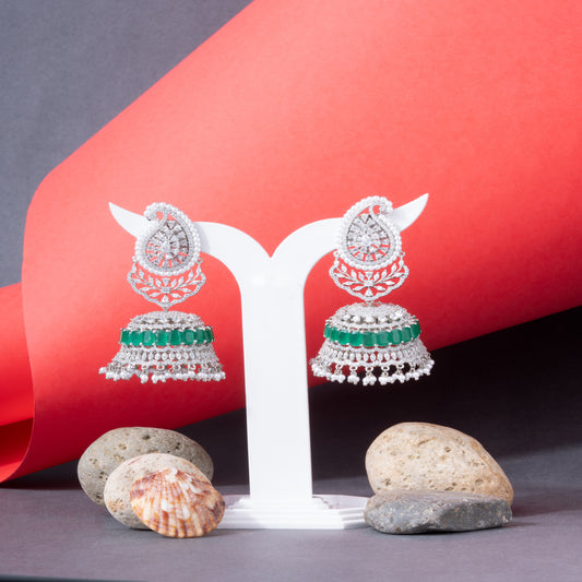 American Diamond dome-shaped Jhumka with green emerald