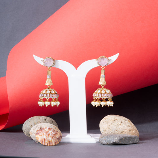 Indo western style Gold-Polished Jhumka Earrings with Kundan, Baby Pink Stones & Yellow Pearls