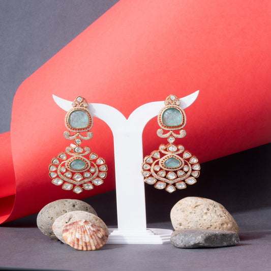 Elegant Traditional Kundan, AD Chandelier Earrings with Green Stone Centerpiece