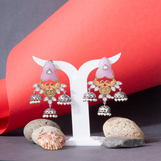 Oxidized Pink Enamel Kundan Earrings with Jhumke