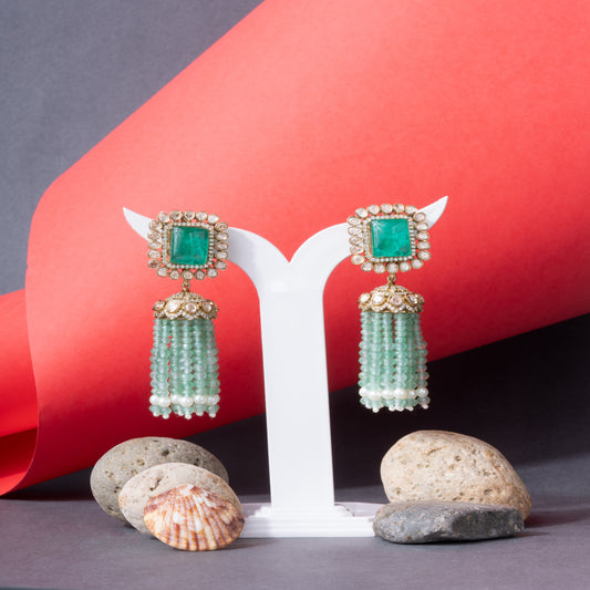 Kundan Cocktail Earrings with Emerald Centerpiece, AD and Sea Green Beaded Tassels