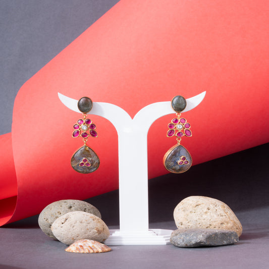 Elegant Labradorite, Kundan studded and Ruby Red Stone Drop Earrings