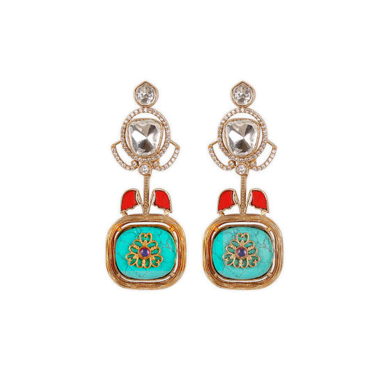Trending Moissanite Kundan Earrings studded with Moissanite, AD, Kundan & carved double 8 stones a Fusion of Indo-Western Elegance and Antique Matte Gold Polish
