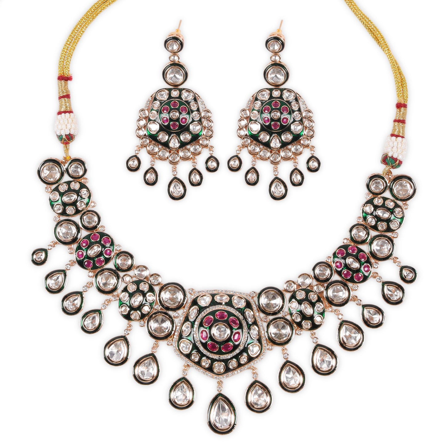 Exquisite Necklace with Pentagon-Shaped Design & Earrings: Front Green Meenakari design, Back Setting Kundan, AD & Ruby stones studded necklace