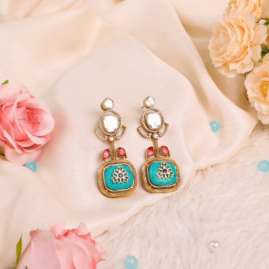 Trending Moissanite Kundan Earrings studded with Moissanite, AD, Kundan & carved double 8 stones a Fusion of Indo-Western Elegance and Antique Matte Gold Polish