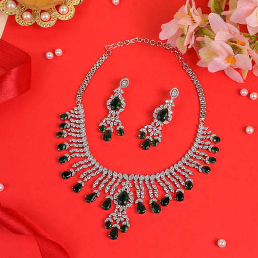 Premium AD Necklace Set Exquisite American Diamonds with Stunning Green Teardrop Stones