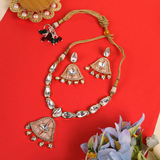 Necklace with Elegant Bell-Shaped Pendant & Earrings: Stunning big Kundan, AD, and Pearl Embellishments for a Unique Touch