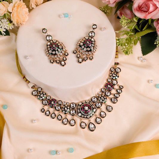 Exquisite Necklace with Pentagon-Shaped Design & Earrings: Front Green Meenakari design, Back Setting Kundan, AD & Ruby stones studded necklace