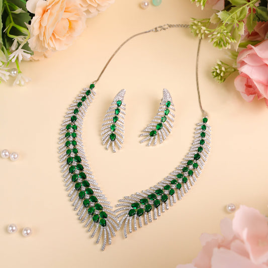 Chic Bottle Green Feather Style AD Necklace & Earrings with anti tarnish Rhodium Polished