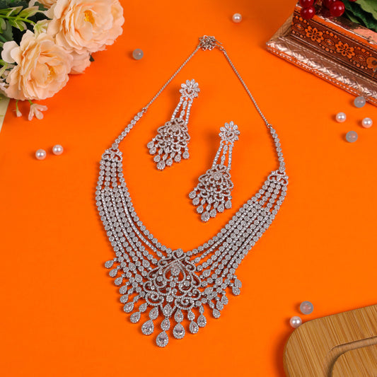 Heart-Inspired American Diamond Necklace: Featuring  AD & Pear-Shaped Stones with Elegant Drop & Dangle Earrings