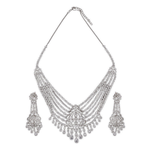 Heart-Inspired American Diamond Necklace: Featuring  AD & Pear-Shaped Stones with Elegant Drop & Dangle Earrings