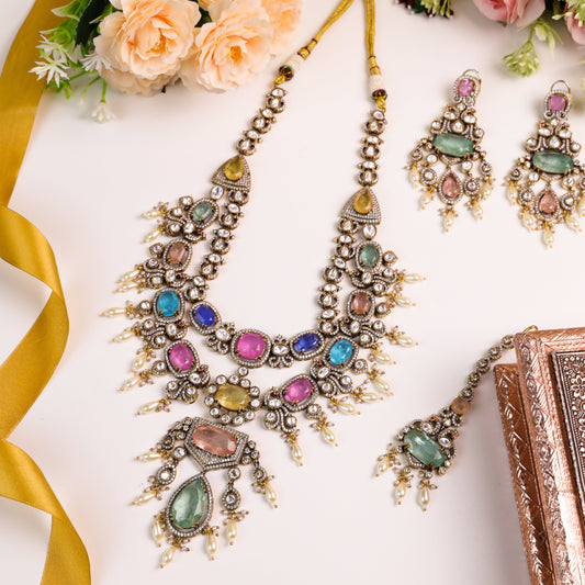 Exquisite Multi-Color Indo-Western 2-Line Long Set with Dazzling Kundan Moissanite Stones, Lustrous Pearls, Semi-Precious Stones, and a Coordinated Maang Tikka for a Refined, Complete Look