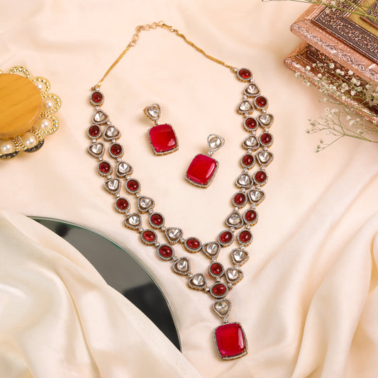 Indo western Two-Line Necklace studded with Reddish-Pink Stones, Uncut Kundan, AD & Bold Rectangular Pendant with Matching Earrings