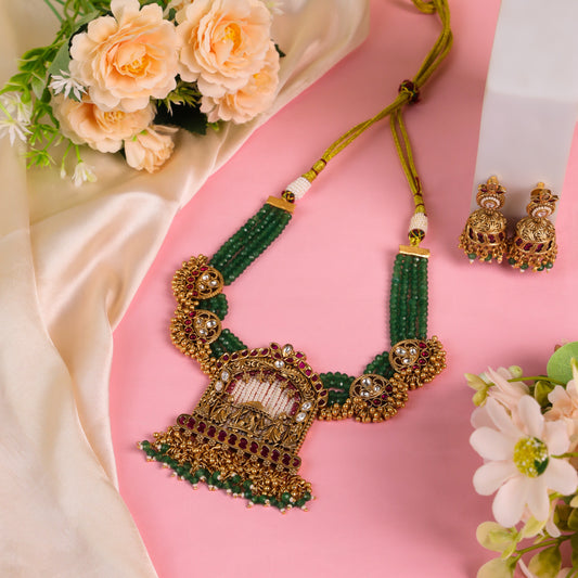 Royal Rajwadi Doli Heritage Set: Adorned with Ruby Stones, Kundan, Green Beads, and Intricate Bandai Work