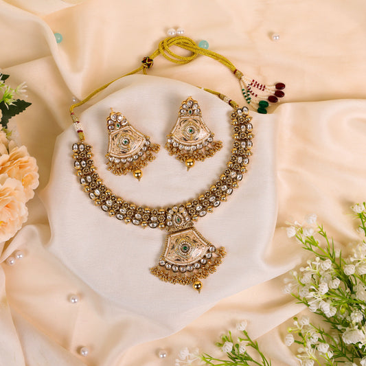 Antique Gold polished Rajwadi Necklace with Meenakari work studded with Polki, Kundan Embellishments