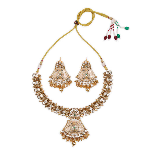 Antique Gold polished Rajwadi Necklace with Meenakari work studded with Polki, Kundan Embellishments