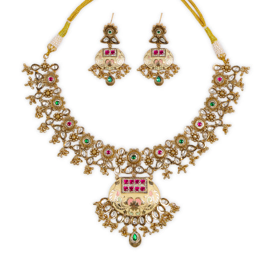Antique Gold polished Rajwadi necklace with meenakari work studded with polki, kundan embellishments