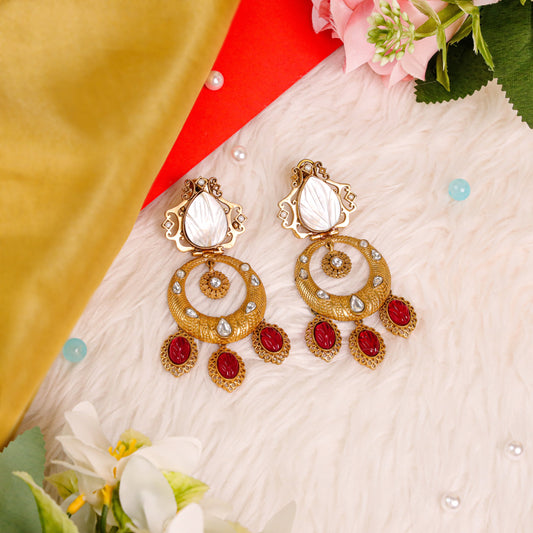 Indo-Western Style Earrings adorned with mother of pearl, carved ruby stone, and dazzling Kundan the perfect statement piece for both ethnic and fusion ensembles