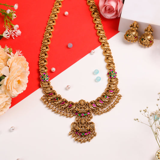 Timeless Long Antique Temple Jewelry: Ruby & Emerald Stones with Peacock-Inspired Chain and a Lakshmiji Pendant