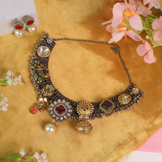 Stunning Oxidized Jewelry: Onyx Pink, Ruby, Green & Maroon Stones with a Center White Pearl and Matching Pearl Earrings